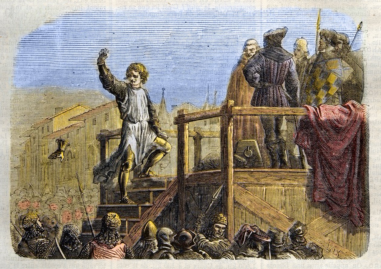 Henrettelsen af Conradin (eller Conrad af Hohenstaufen) konge af Sicilien og hertug af Schwaben (1252-1268) efter ordre fra Karl af Anjou efter slaget ved Tagliacozzo i 1268” (henrettelse af Conradin (eller Conrad den yngre), sidste Staufer-konge af Sicili af Unknown artist
