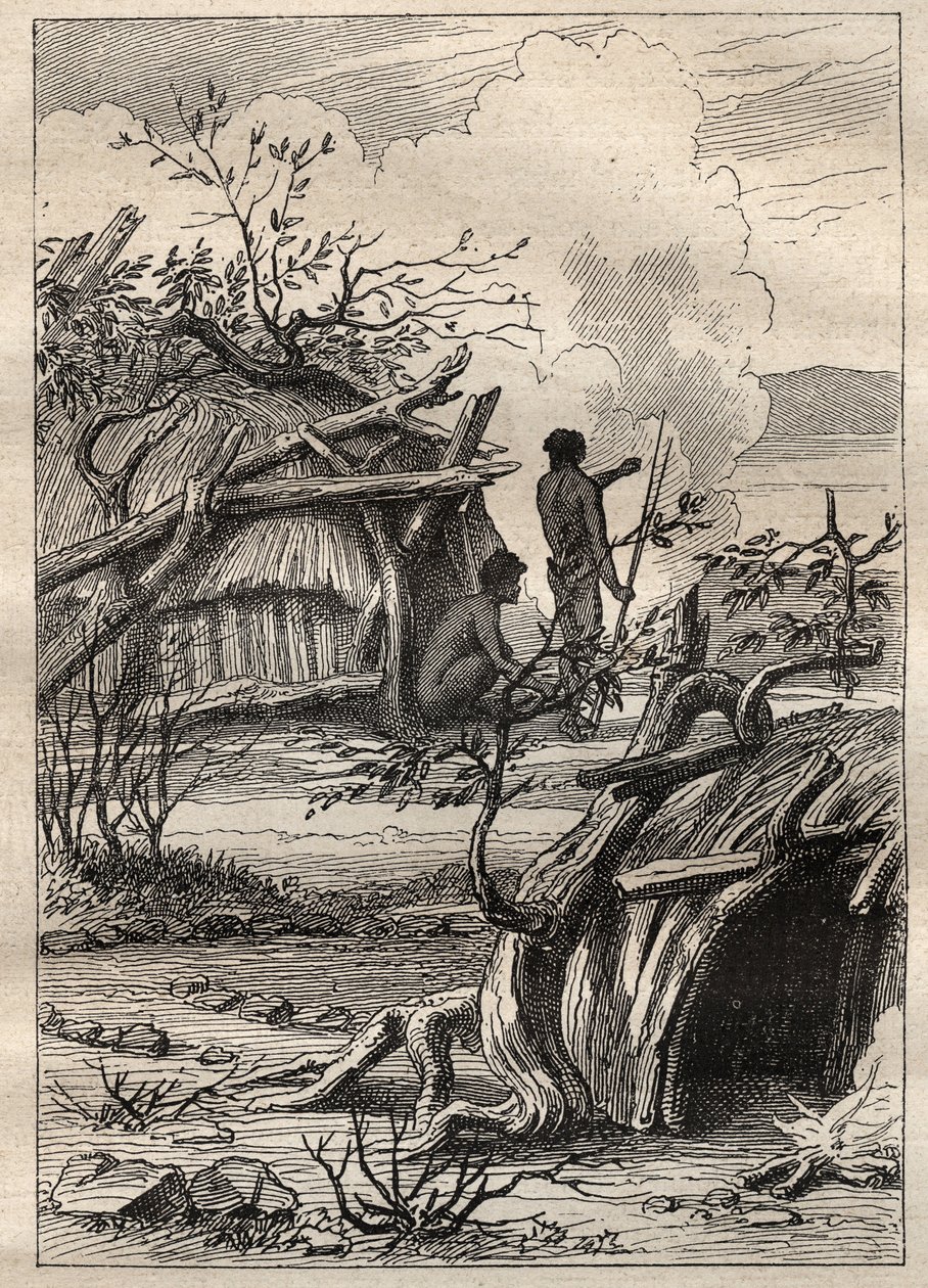 Ekspeditionen rundt om i verden (1790-1792) af kaptajn Etienne Marchand (1755-1793): indfødte hytter i landet Enddacht (Australien) - illustration taget fra "The Great Mariners of the 18th century"" af Unknown artist