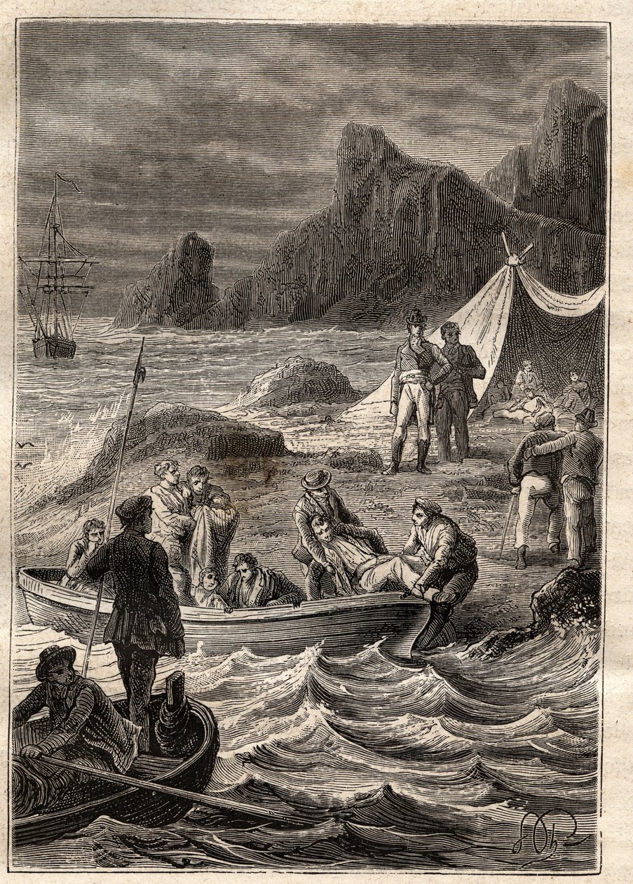 Ekspeditionen til de sydlige lande (1800-1803) af Nicolas Baudin (1754-1803): de syge af skørbug blev transporteret i land i Adventure Bay (Tasmanien, Australien) - illustration taget fra "The Great Mariners of the 18th century" ” af Unknown artist