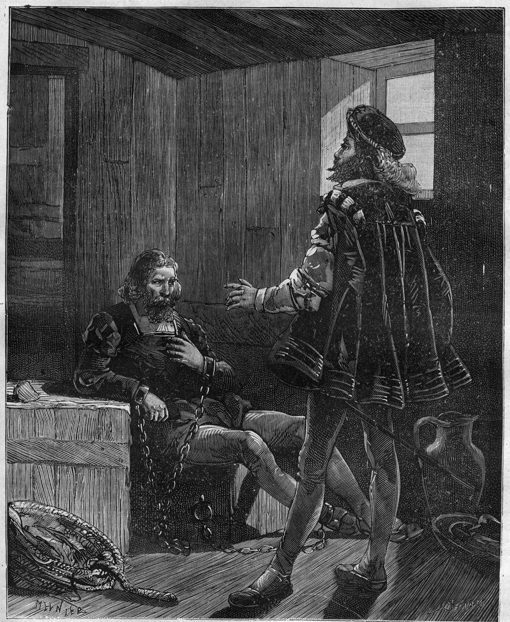 Udforskeren og navigatøren Christopher Columbus (Christopher Columbus, Cristoforo Colombo, Cristobal Colon) (1451-1506), der vender tilbage fra sin tredje tur, er lænket i lastrummet af Unknown artist