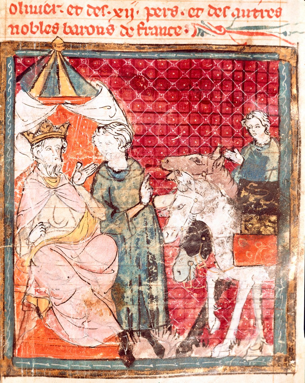 Ridderen Rolands farvel til hans onkel Karl den Store (742-814) Miniature fra "" Grandes Chronicles de France"" 1375-1379 kommunale bibliotek, Castres af Unknown artist