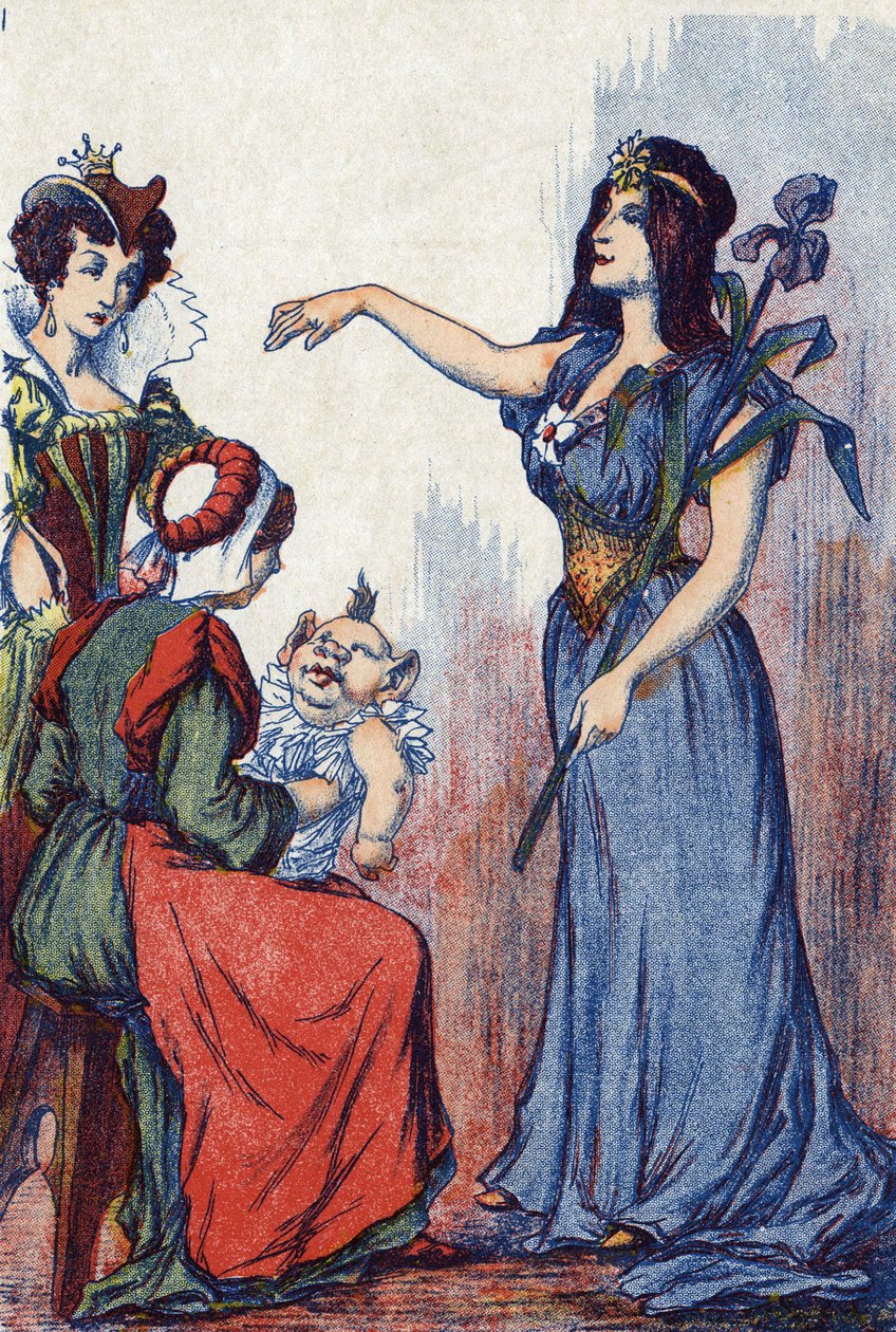 Gebyret forudsiger, at Riquet vil have en masse sind. Illustration til "Riquet à la houppe", fortælling af Charles Perrault (1628-1703), fransk forfatter. Anonym illustration. Billedmateriale Marcel Vagne, Jarville Nancy, udateret (slutningen af det 19. år af Unknown artist