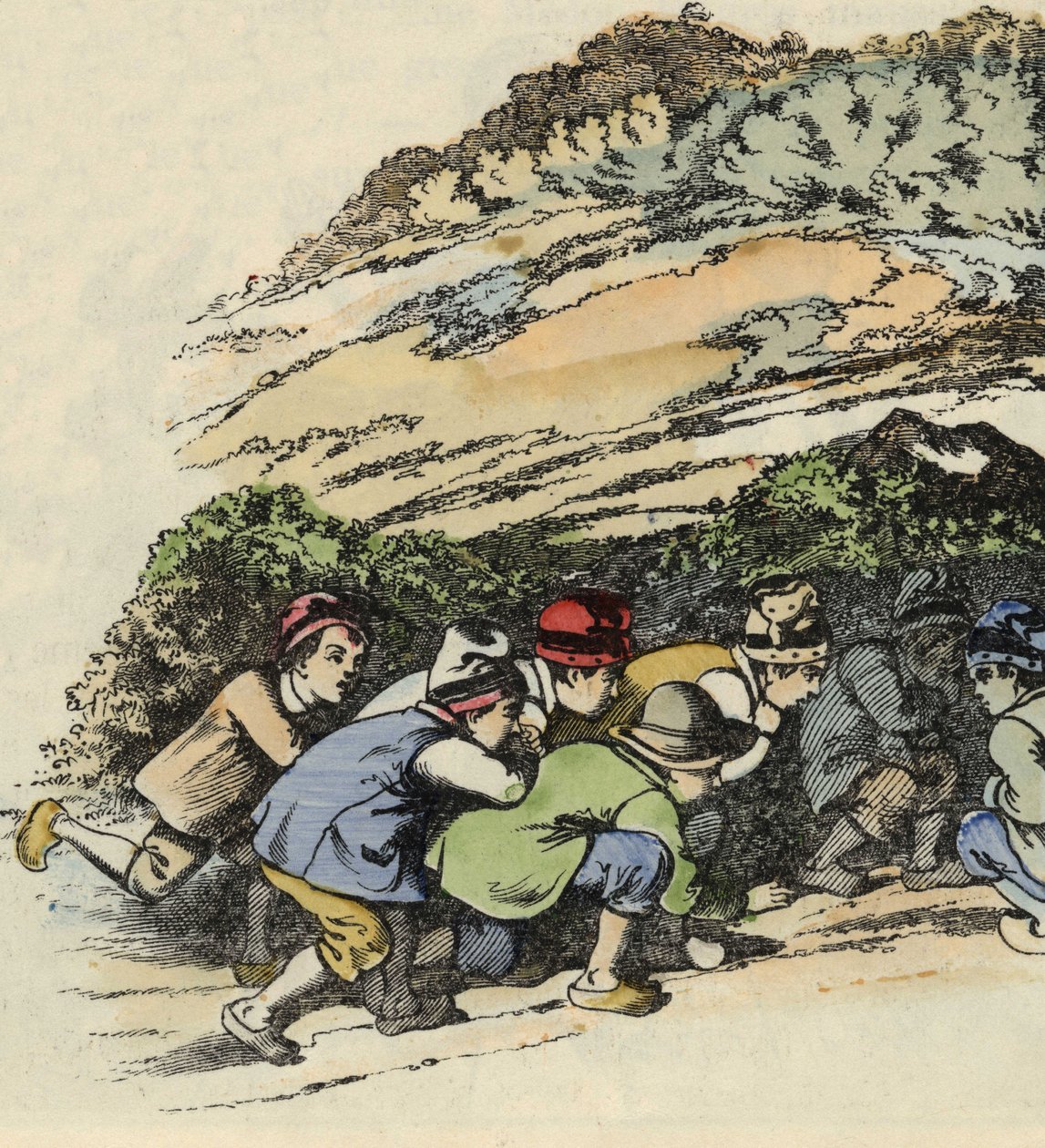 Den lille Poucets feres gemmer sig i en hul klippe for at undslippe trolden. Illustration af fortællingen "" Le Pepetit Poucet"" af Charles Perrault af Unknown artist