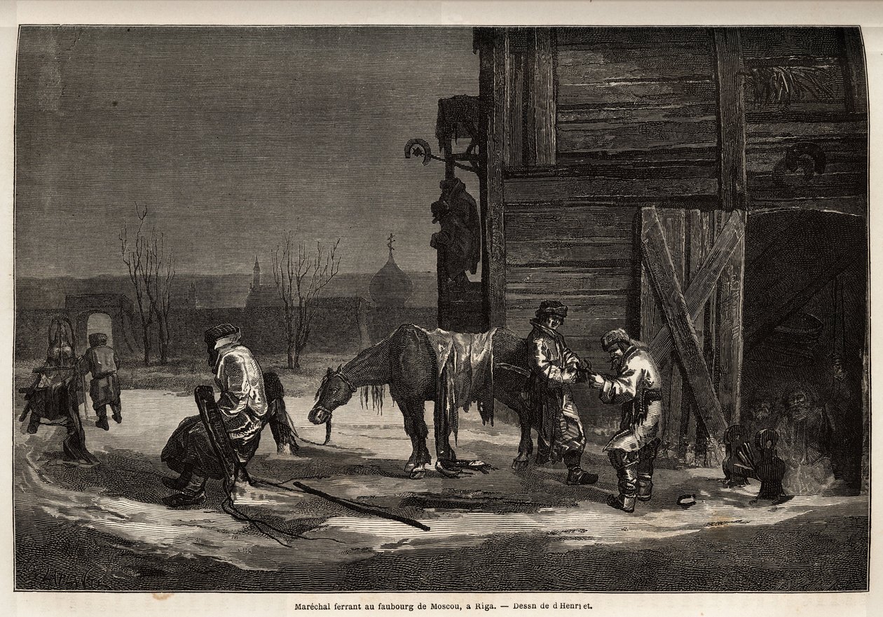 Den ferrant marechal, i forstaden til Moskva. Tegning af Henriet, til illustration af hans rejse til de russiske baltiske provinser i 1851-54. Indgravering i "" Le tour du monde"", redigeret af Edouard Charton af Unknown artist