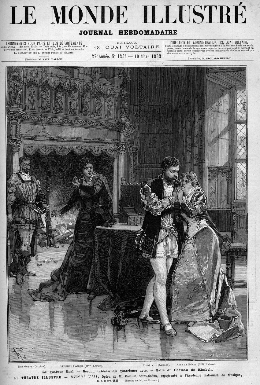 Den sidste kvartet, det andet maleri af fjerde akt, der foregår i rummet på slottet Kimbolt. Scene af operaen Henry VIII af Camille Saint Saens (Saint-Saens) repræsenteret på det nationale musikakademi den 5. marts af Unknown artist
