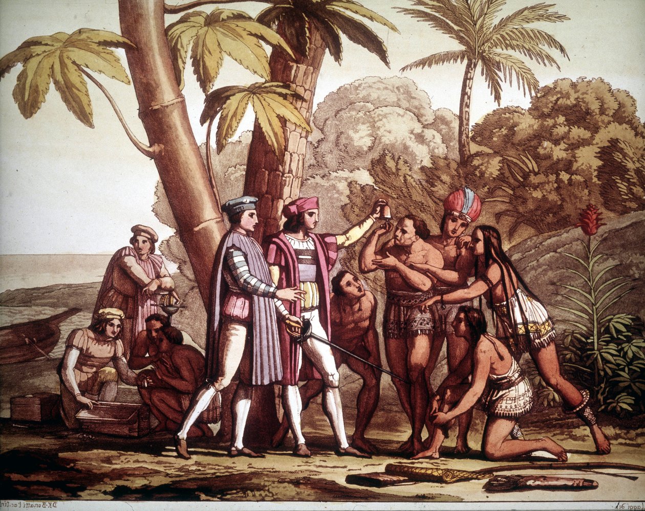 De første indianere, der viste sig for Christopher Columbus ved hans ankomst til Amerika, - i "" Det gamle og moderne kostume"" af Jules Ferrario af Unknown artist