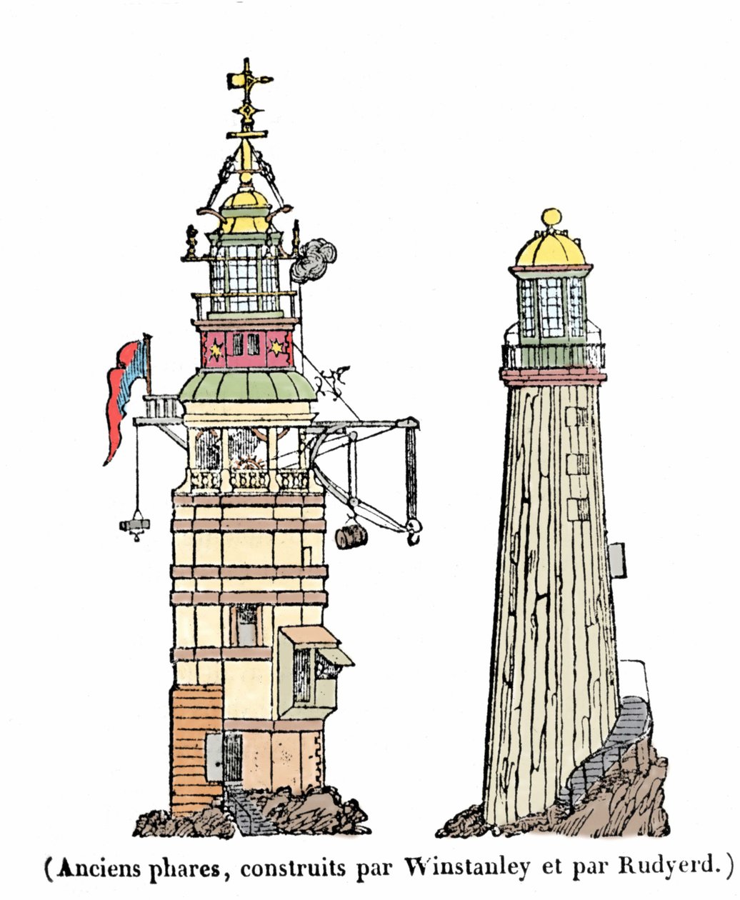 Det første og andet fyrtårn i Eddystone. Den første, bygget i 1696, forsvandt en nat med storm i 1703; det andet sammenbrud i 1775 på grund af en brand. af Unknown artist
