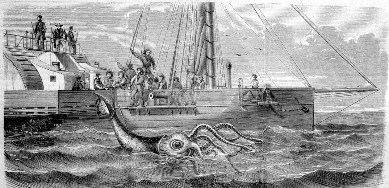 Den første kæmpe blæksprutte fanget i 1861 af den franske korvet Alecton. Da besætningen hev ham ombord, brød han på midten og forsvandt til bunden af havet. Stik fra slutningen af 1800-tallet. Breton af Unknown artist