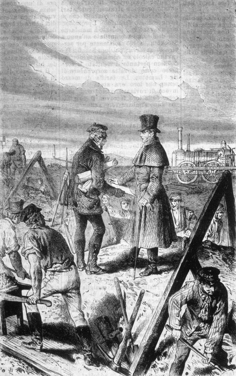 Det første damplokomotiv bygget af den britiske ingeniør George Stephenson (1781-1848). af Unknown artist