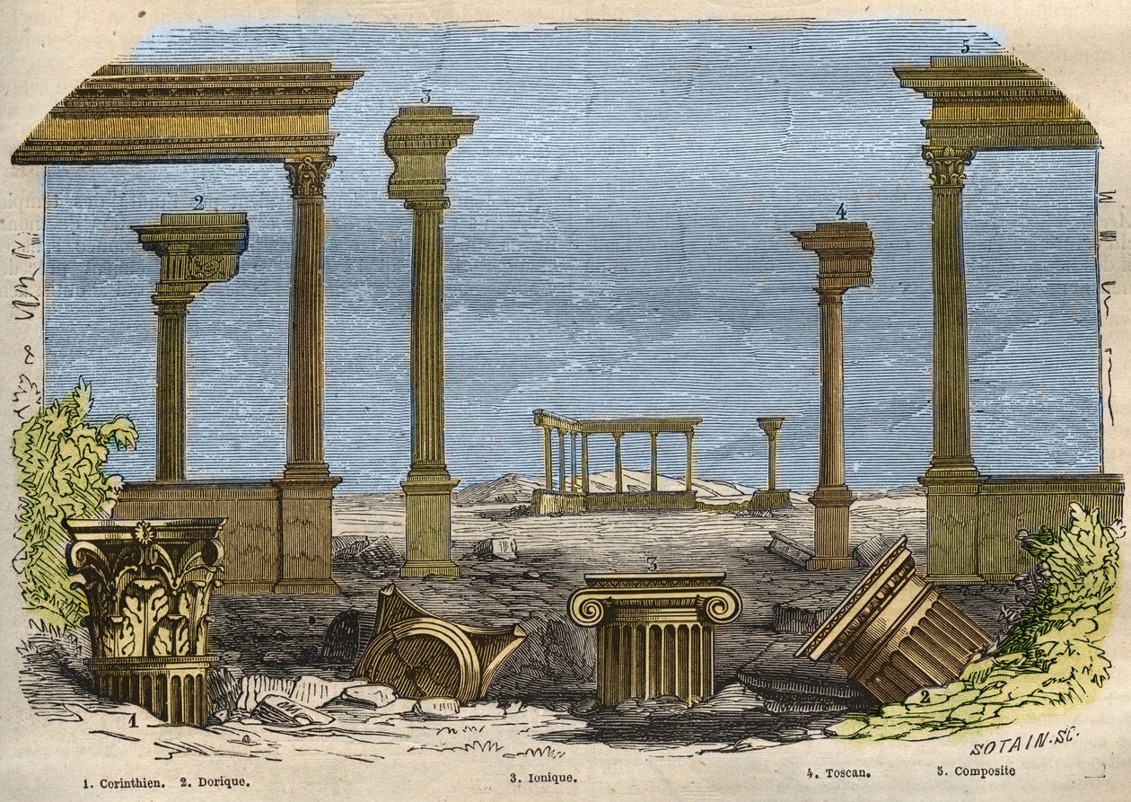 De fem ordener af klassisk (gammel) arkitektur: korintisk, dorisk, ionisk, toscansk og sammensat, hver repræsenteret af en søjle. Indgravering fra 1857 i "" Le Musee Des Sciences"" af Unknown artist