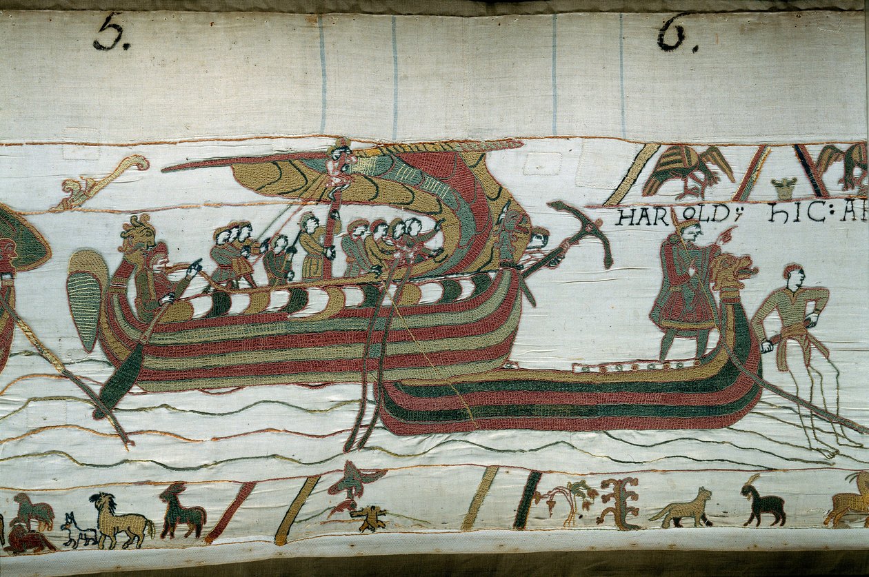 Harolds flåde, som kom for at informere hertugen af Normandiet Vilhelm Erobreren (1027-1087), at han vil blive efterfølger til Englands krone ved Edoaurd Confessor