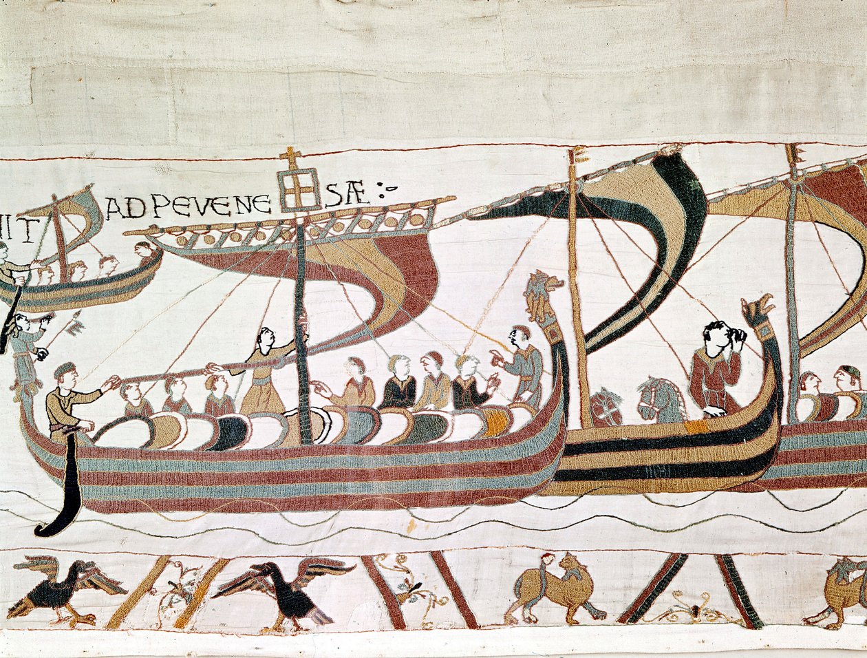 Vilhelm I Erobrerens flåde (1027 - 1087) på vej til England - Bayeux-tapet, kendt som Broderi af Dronning Mathilde af Unknown artist