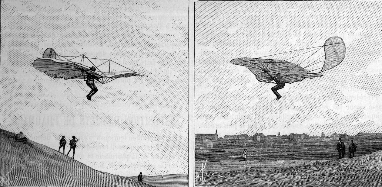 Det flyvende fly af Otto Lilienthal (1848-1896), tysk luftfartspioner, i to forskellige positioner (fra et øjeblikkeligt fotografi). Indgravering i "" La Nature: revue des sciences et de leurs applications aux arts et a l