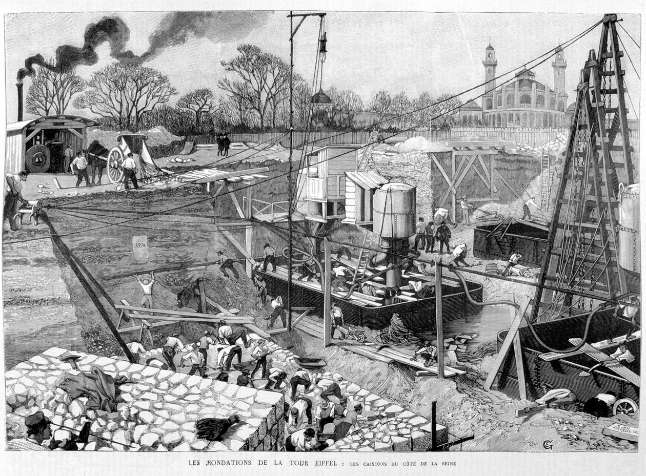 Eiffeltårnets fundament: sænkekasserne på Seine-siden - i "" Illustration"" 14/05/1887. ¿ af Unknown artist
