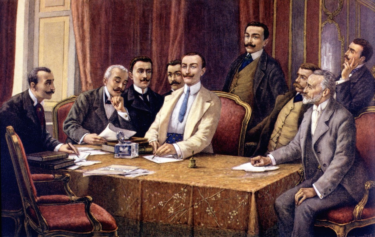 Grundlæggerne af Fiat af L. Delleani (1840 - 1908). Fra venstre (siddende): grev Bisometti, advokat Racca, grev Bricherasso, Ceriana, Giovanni Agnelli, advokat Scarfiotti, Ferrero og (stående) Luigi Damevino og advokat Goria Gatti. Sd. slutningen af ​​det  af Unknown artist