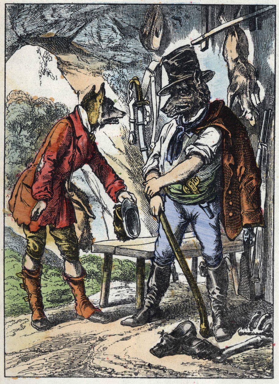 Ræven og ulven. Illustration af fortællingen "Gode mor får"". I “”Fortællinger fra hjemmet for de mindste””. Anonym gravering af det 19. århundrede. af Unknown artist