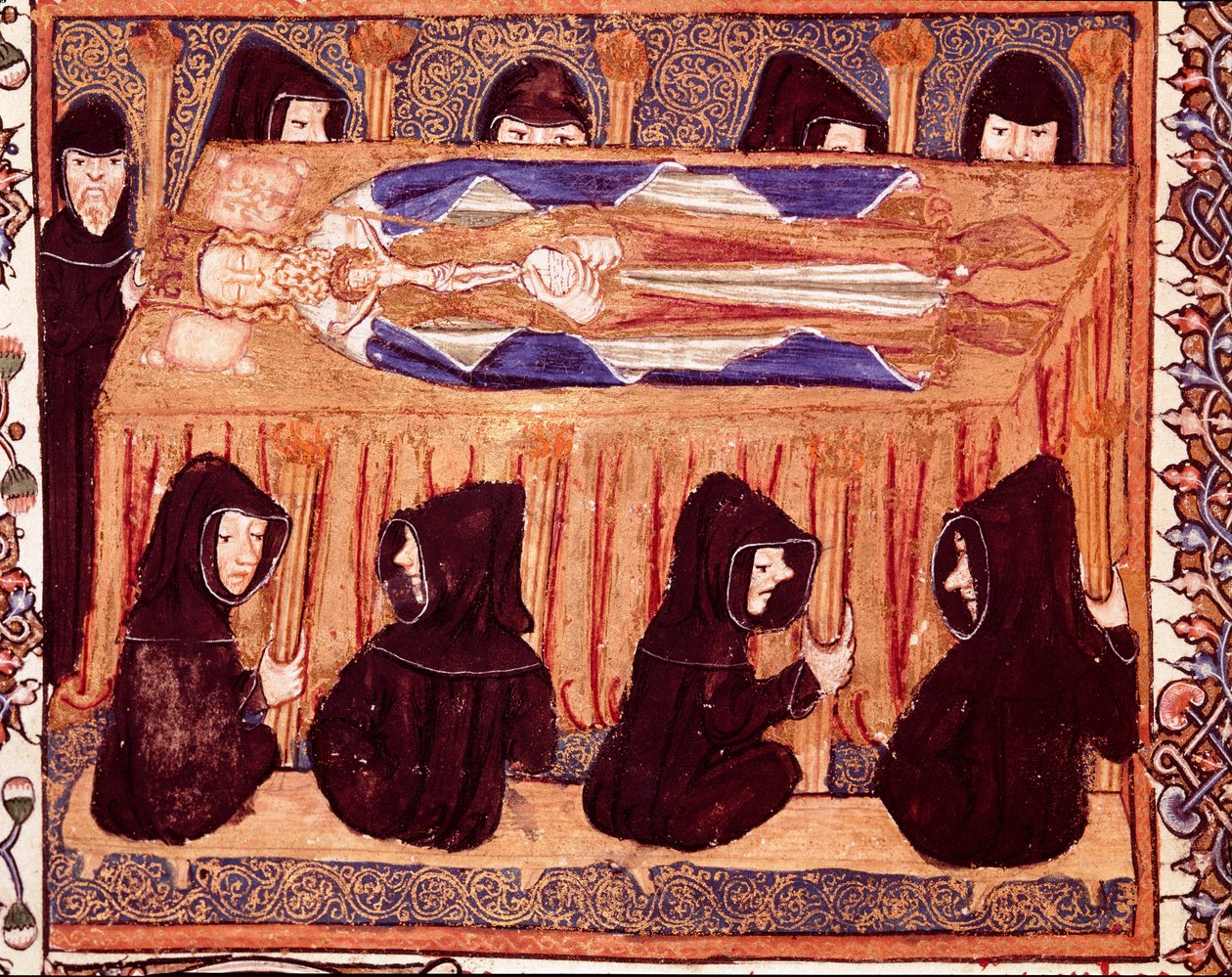 Begravelsen af en miniaturekonge fra manuskriptet "" Liber regalis"" Pamplona fra det 14. århundrede, Navarras arkiv af Unknown artist