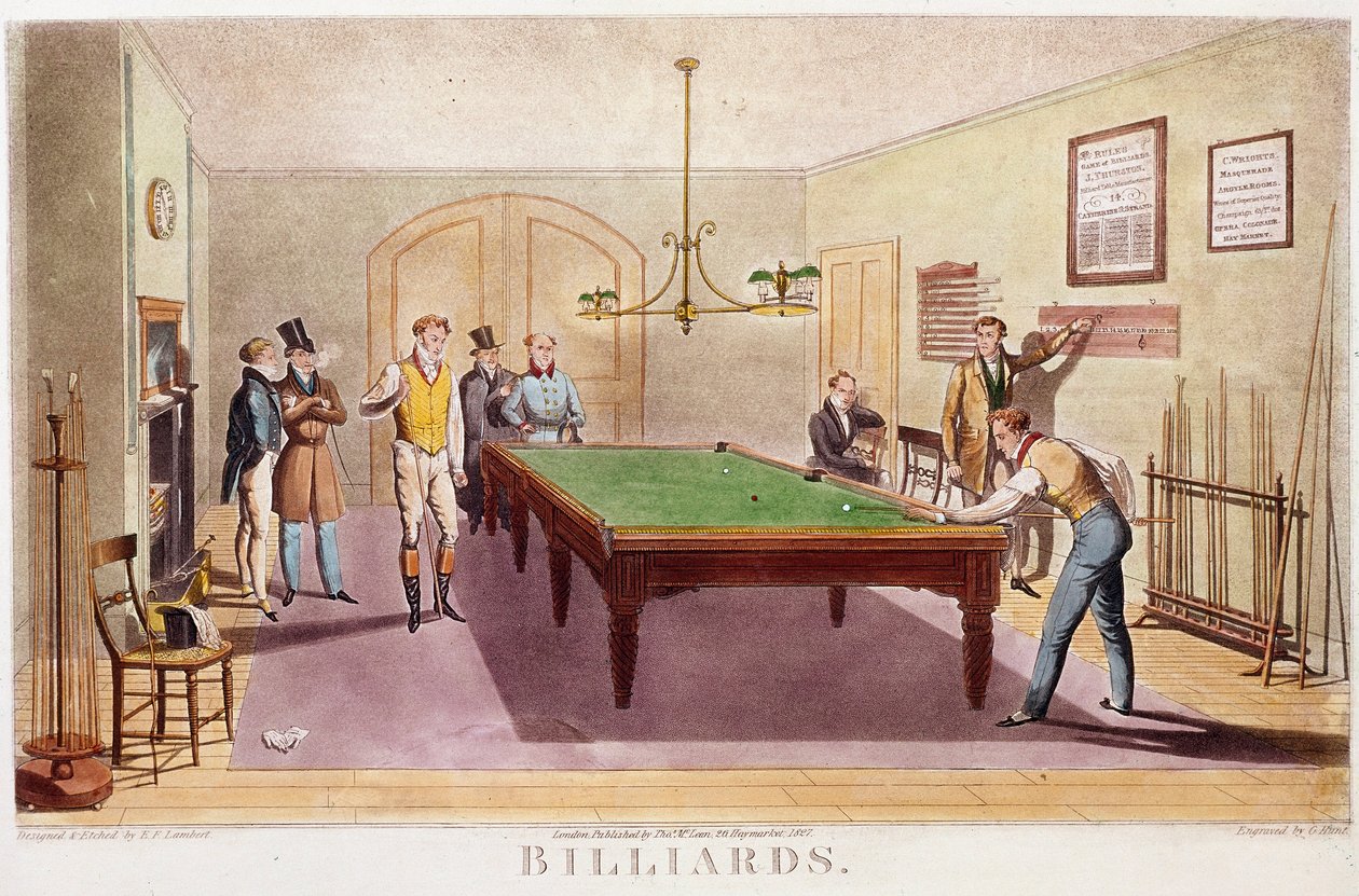 Billardspillet Gentilmænd fra det høje engelske samfund, der spiller billard. Stik fra 1827. Privat Samling af Unknown artist