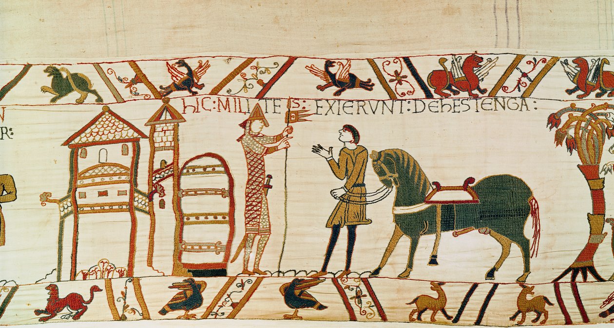 Porten til Hastings åbner for normannerne at marchere mod Harold, Bayeux Tapestry (uldbroderi på hør) af Unknown artist