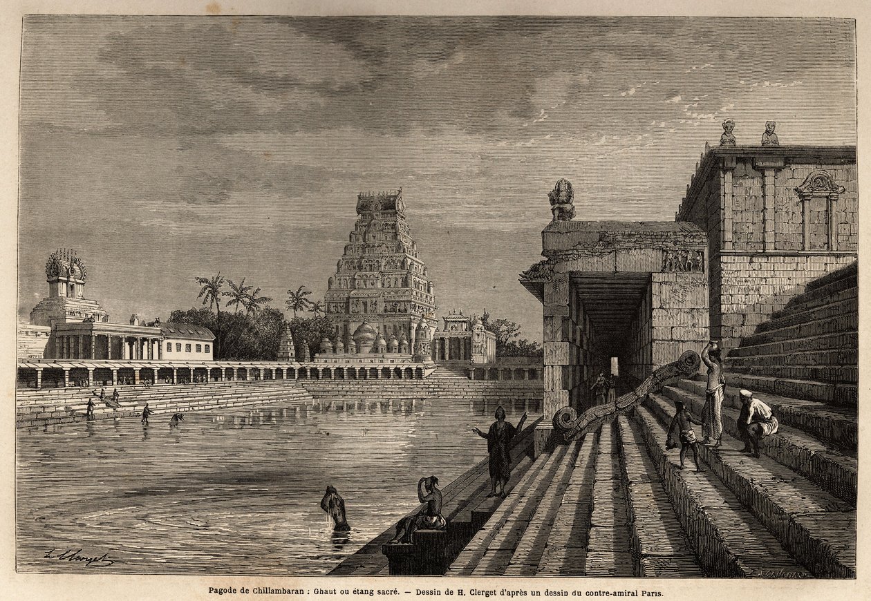Den ghaut eller hellige dam af Chillambaran Pagoda, beliggende ved den Bengalske Bugt, nær Pondichery (Pondicherry) (Indien); nogle fideles går ned ad den monumentale trappe for at tage et bad eller udføre rensende afvaskninger. Gravering for at illustrere af Unknown artist