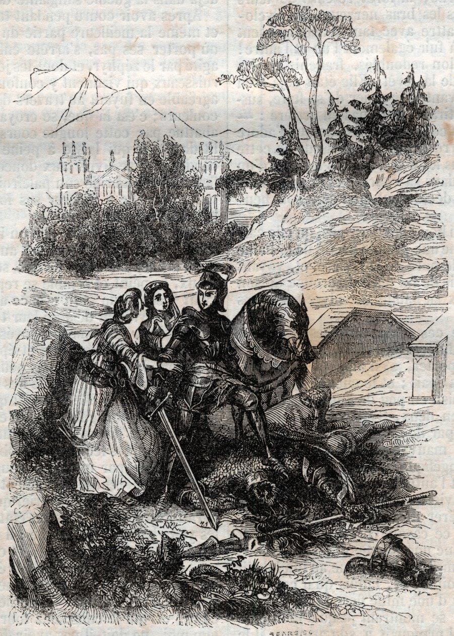 Den kæmpe eriphile besejret af Roger (Ruggero, Ruggiero) - Indgravering af 1851 fra "" Furious Roland"" (1500-tallet) af Ludovico Ariosto, kendt som Ariosta - Udgave oversat fra italiensk af greven af ​​Tressan og udgivet af Gust af Unknown artist