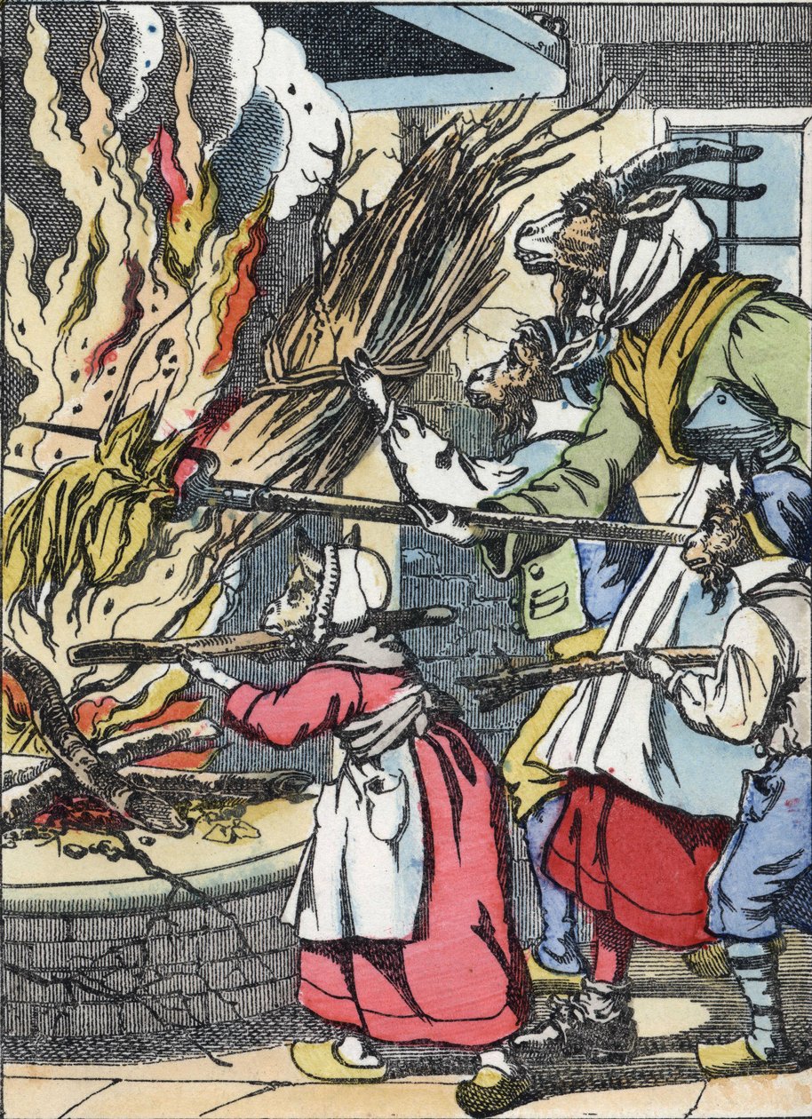 Bukken og nipstingene satte ild til skorstenen. Illustration af fortællingen "Compere le Loup, Maitre Renard, Comere la Chevre et ses petits biquets"" efter en fabel af Jean de la Fontaine. I “”Fortællinger fra hjemmet for de mindste””. Anonym gravering af Unknown artist