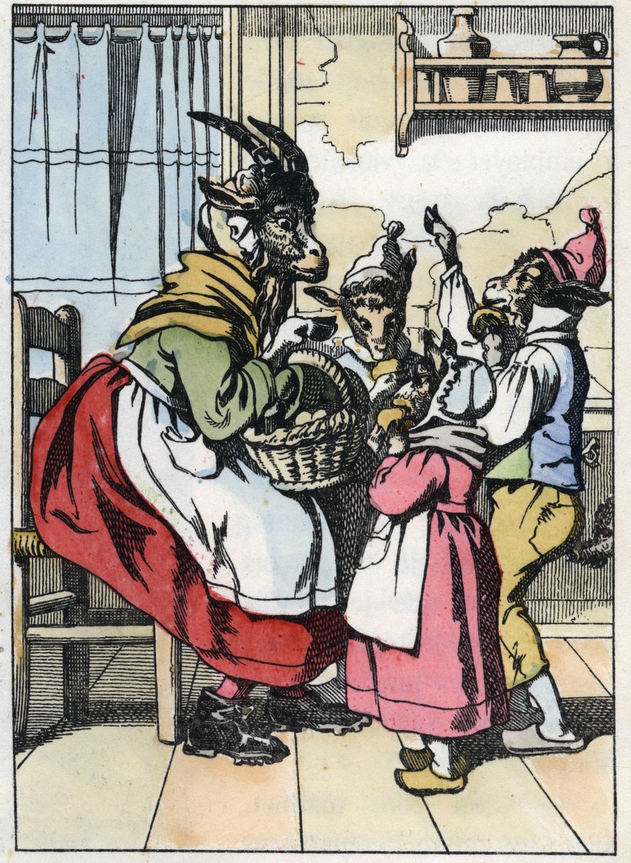 Geden er ude af markedet og lytter til biketternes historie. Illustration af fortællingen "Compere le Loup, Maitre Renard, Comere la Chevre et ses petits biquets"" efter en fabel af Jean de la Fontaine. I ""Fortællinger fra hjemmet for de mindste"" af Unknown artist
