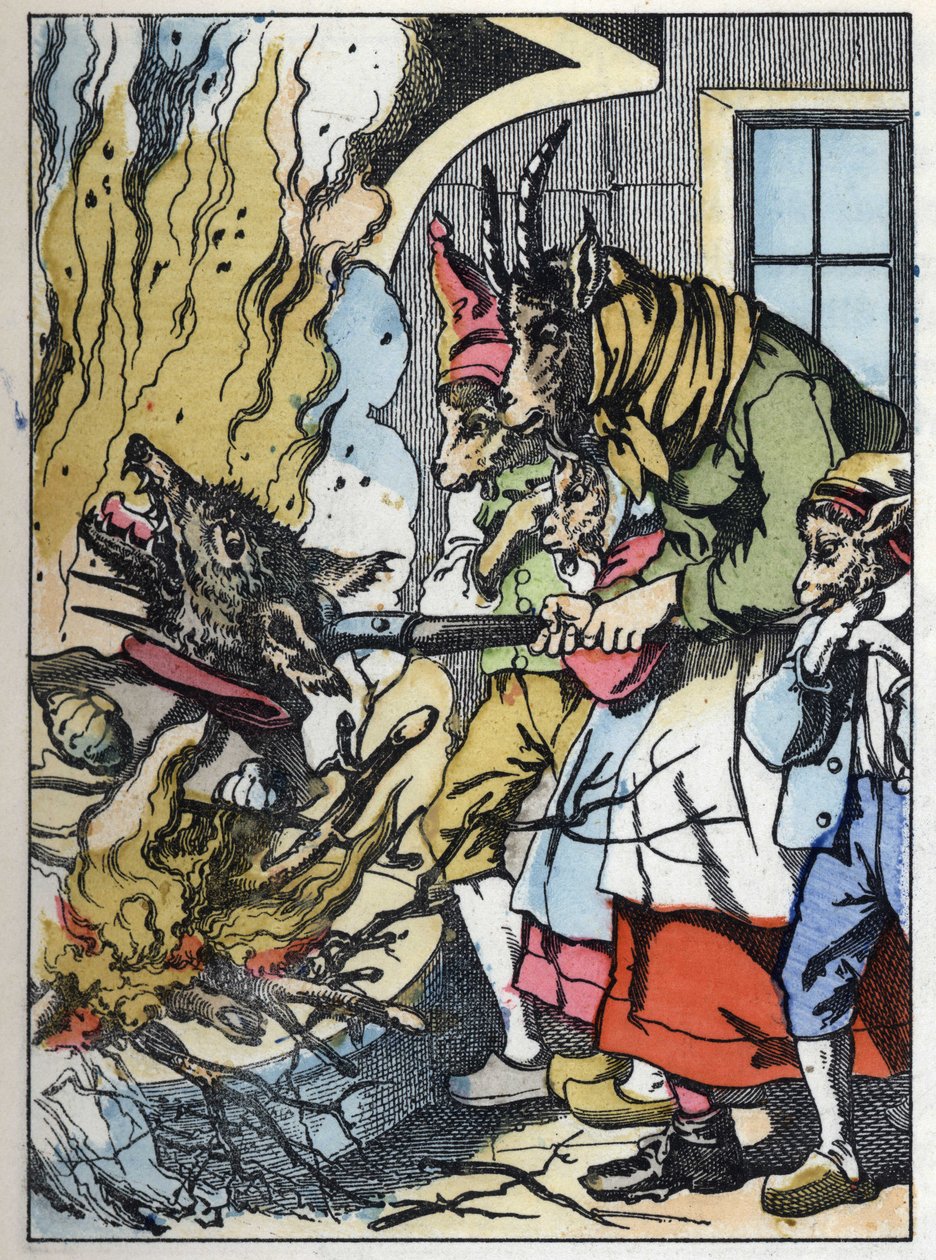 Bukken dræber ulven i skorstenen. Illustration af fortællingen "Compere le Loup, Maitre Renard, Comere la Chevre et ses petits biquets"" efter en fabel af Jean de la Fontaine. I “”Fortællinger fra hjemmet for de mindste””. Anonym gravering af 19t af Unknown artist