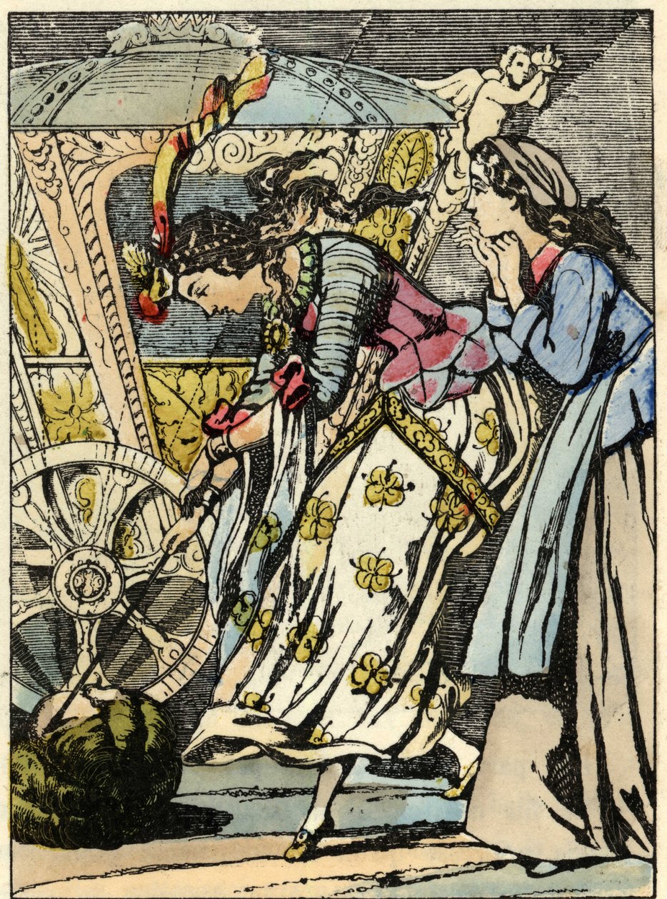 Det gode gebyr græskarret i en vogn foran Askepots øjne. Illustration af Charles Perraults fortælling "Askepot eller La petite slipper de verre" af Unknown artist