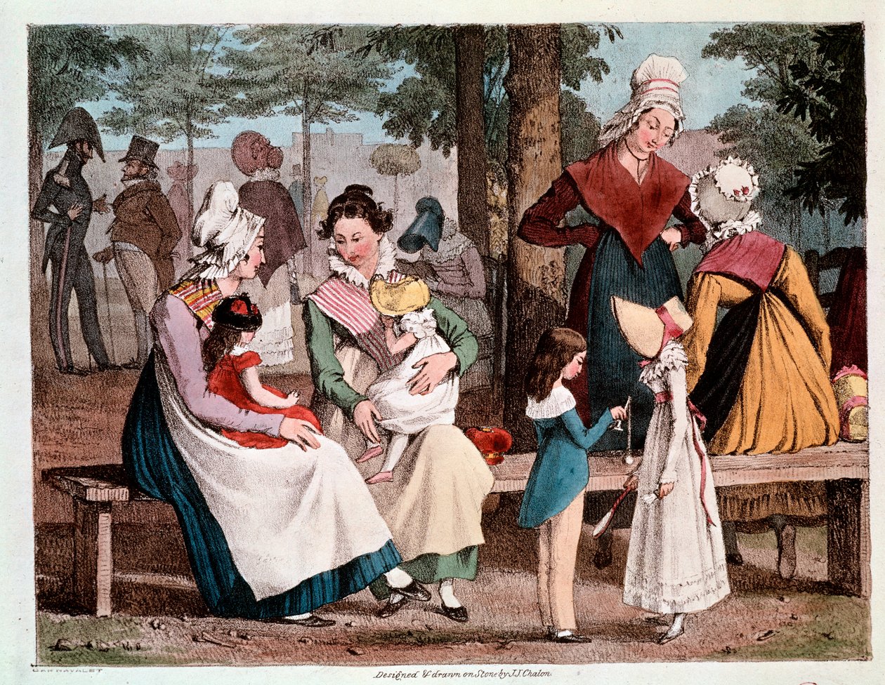 Det gode: scene med børn og deres stuepiger i en park (gravering af Unknown artist