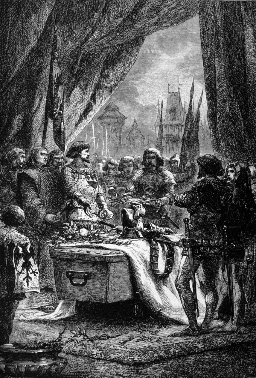 Guvernøren lagde nøglerne til Chateauneuf de Randon på kisten til Bertrand Du Guesclin (1320 - 1380), en bretonsk krigsmand og en fransk patriot mod englænderne. Indgravering af det 19. århundrede. af Unknown artist