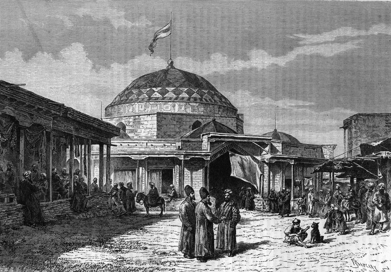 Den store basar i Samarkand (Samarqand eller Samarkand) i Usbekistan i det 19. århundrede. Indgravering i "" le journal de la Jeunesse "" fra 1888. af Unknown artist