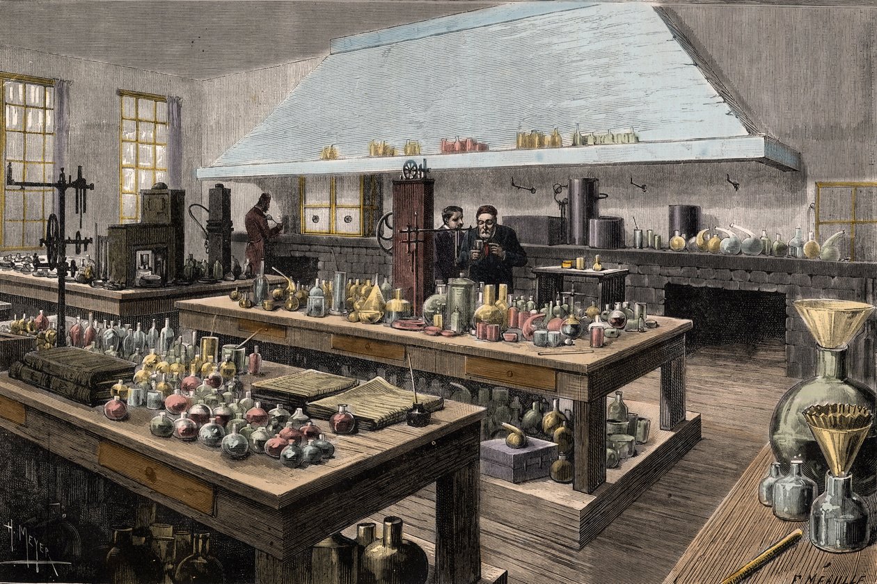 Det store laboratorium af Louis Pasteur (1822-1895), fransk kemiker og biolog, på Ecole Normale Superieure - Louis Pasteur i hans laboratorium på Ecole Normale Superieure - Gravering af Meyer 1884 af Unknown artist