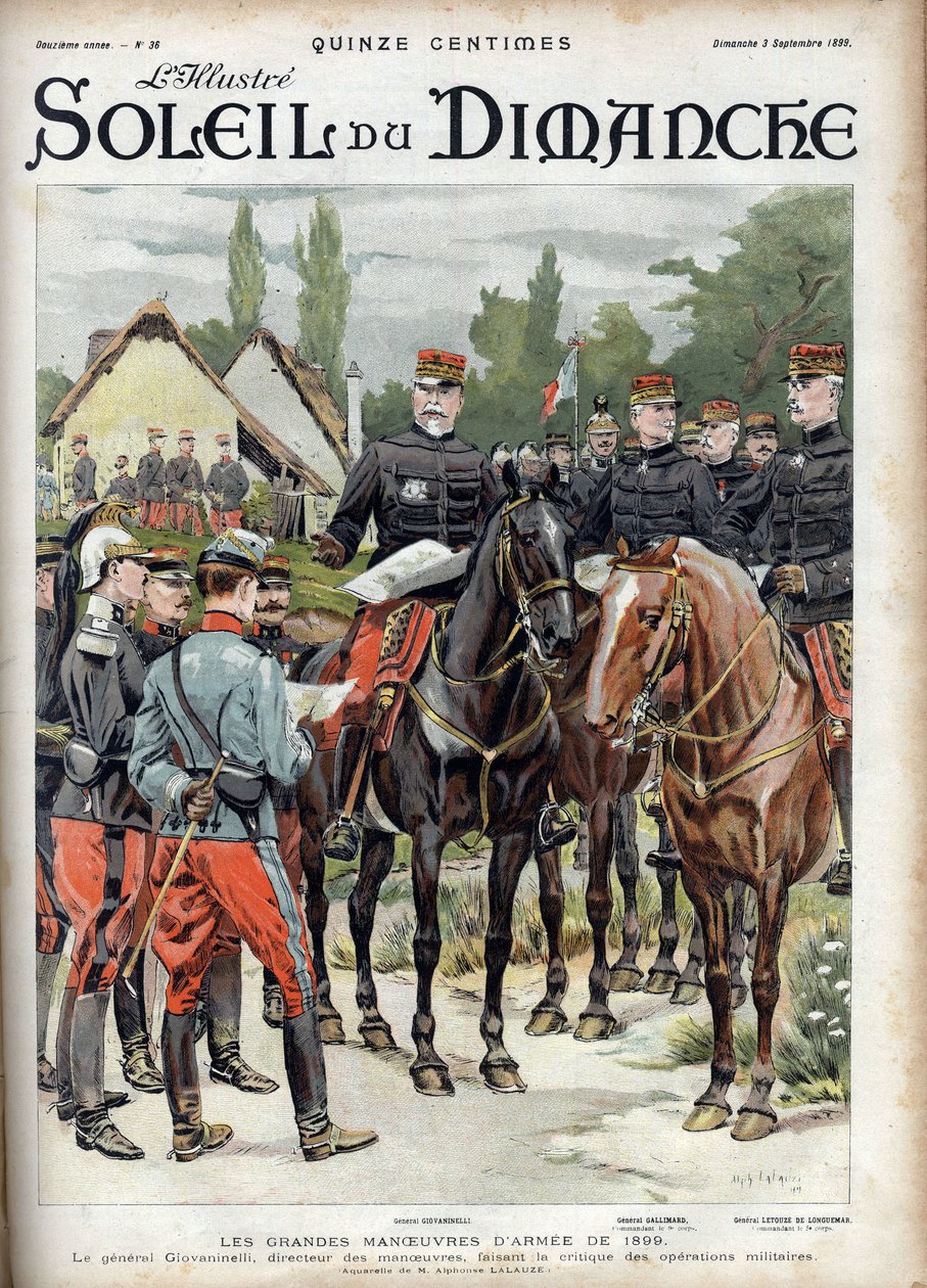 1899-hærens store manøvrer. General Giovaninelli, direktør for manøvrer, kritiserer militære operationer. Indgravering i "" Le sun-du-dimanche"", den 3. september 1899. af Unknown artist