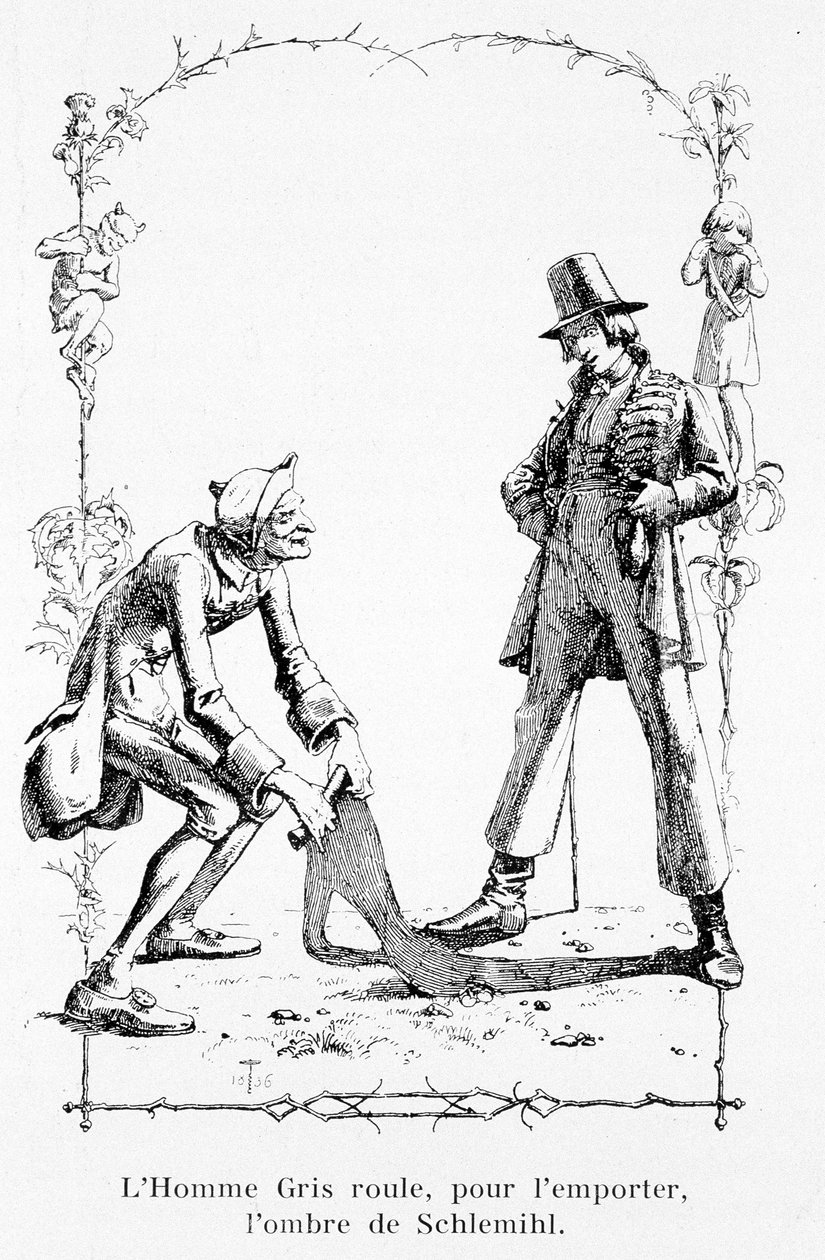 Den grå mand ruller, for at vinde, skyggen af Schlemihl - i "Den vidunderlige historie om Pierre Schlemihl" af Adelbert Von Chamisso af Unknown artist