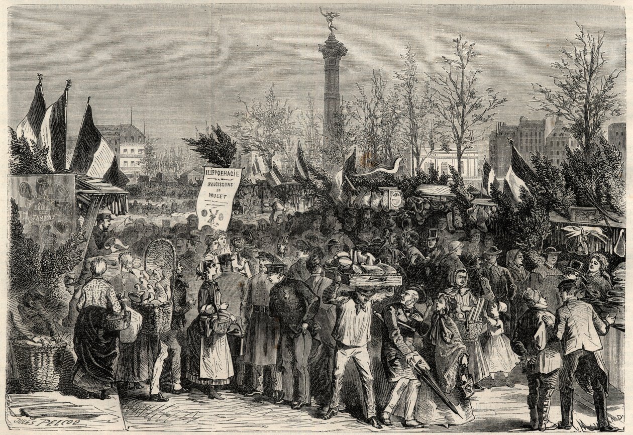 Skinkemessen, Boulevard Bourdon i det 4. arrondissement i Paris nær Place de la Bastille. Et skilt reklamerer for multekød (Hyperphagia). Indgravering i "The Universe illustrious" af Unknown artist