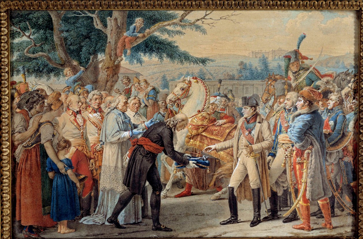 Overdragelsen af Wiens nøgler til Napoleon I (1769-1821) Kejseren vendte tilbage til den østrigske hovedstads øde af Francois II af Habsburg den 14/11/1805. 1800-tals gobelin. Ile D
