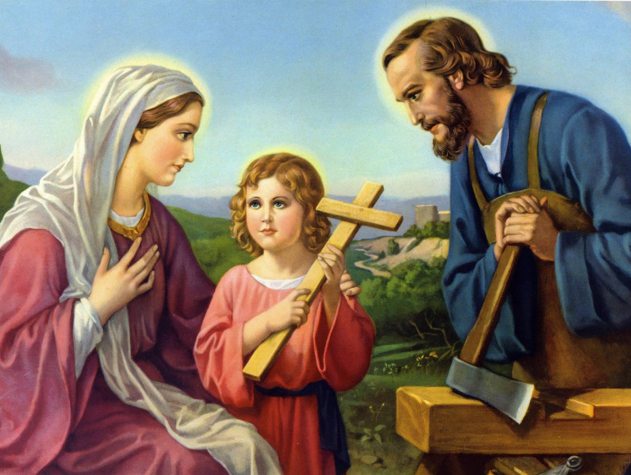 Den hellige familie, kromolitografi fra slutningen af det 19. århundrede, der repræsenterer Kristi liv. af Unknown artist