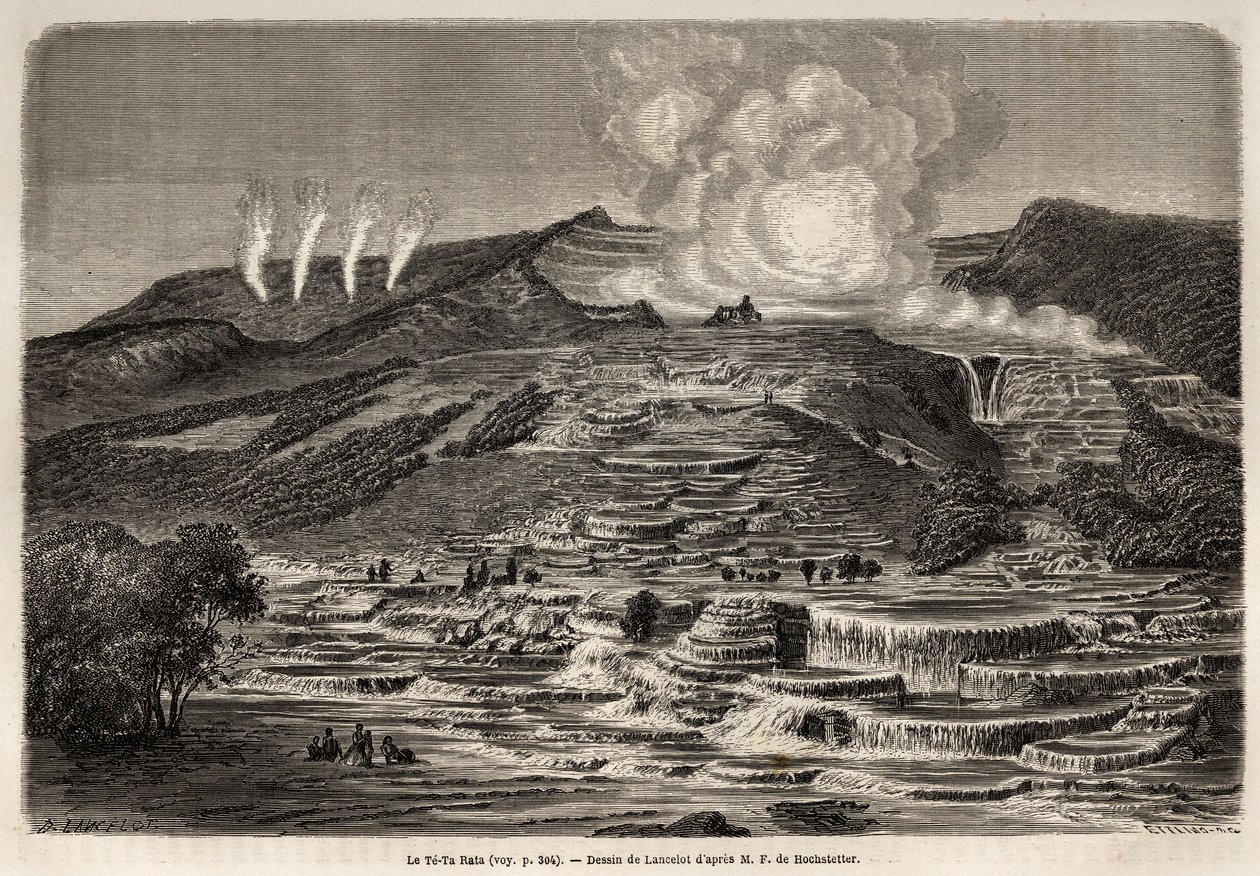 Den varme kilde i Te Tarata, omgivet af terrasser overlejret med hvidt silica, til venstre fire gejsere og til højre sø og vandfald, tegnet af Lancelot, for at illustrere Ferdinand de Hochstetters rejse til New Zealand fra 1858 til 1860. Engr. af Unknown artist