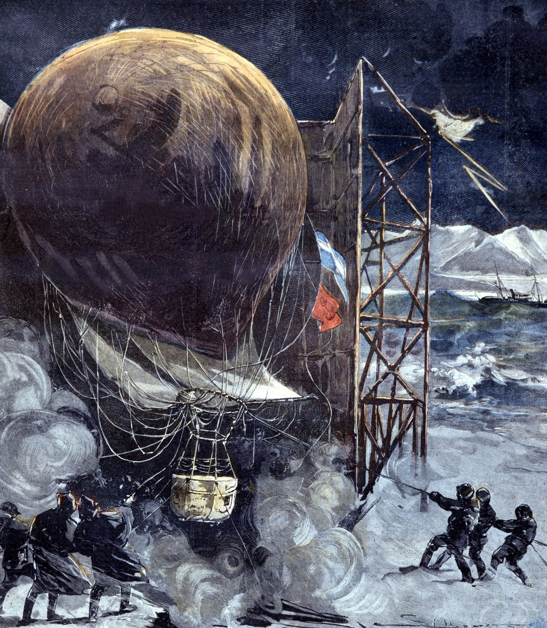 Brintballonen Oernen (Aquila) af den svenske ingeniør Solomon Andrée (1854 - 1897) under en snestorm på en ø i Danmark, kort før afgangen til Nordpolen, en ekspedition der vil gå tabt. 1897 af Unknown artist