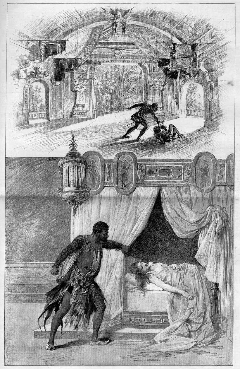 Det berømte teater: Otello (Othello), opera af Giuseppe Verdi (1813-1901), italiensk komponist, repræsenteret på Scala Theatre i Milano den 12. februar. Indgravering i "" Le monde illustrious"" af Unknown artist