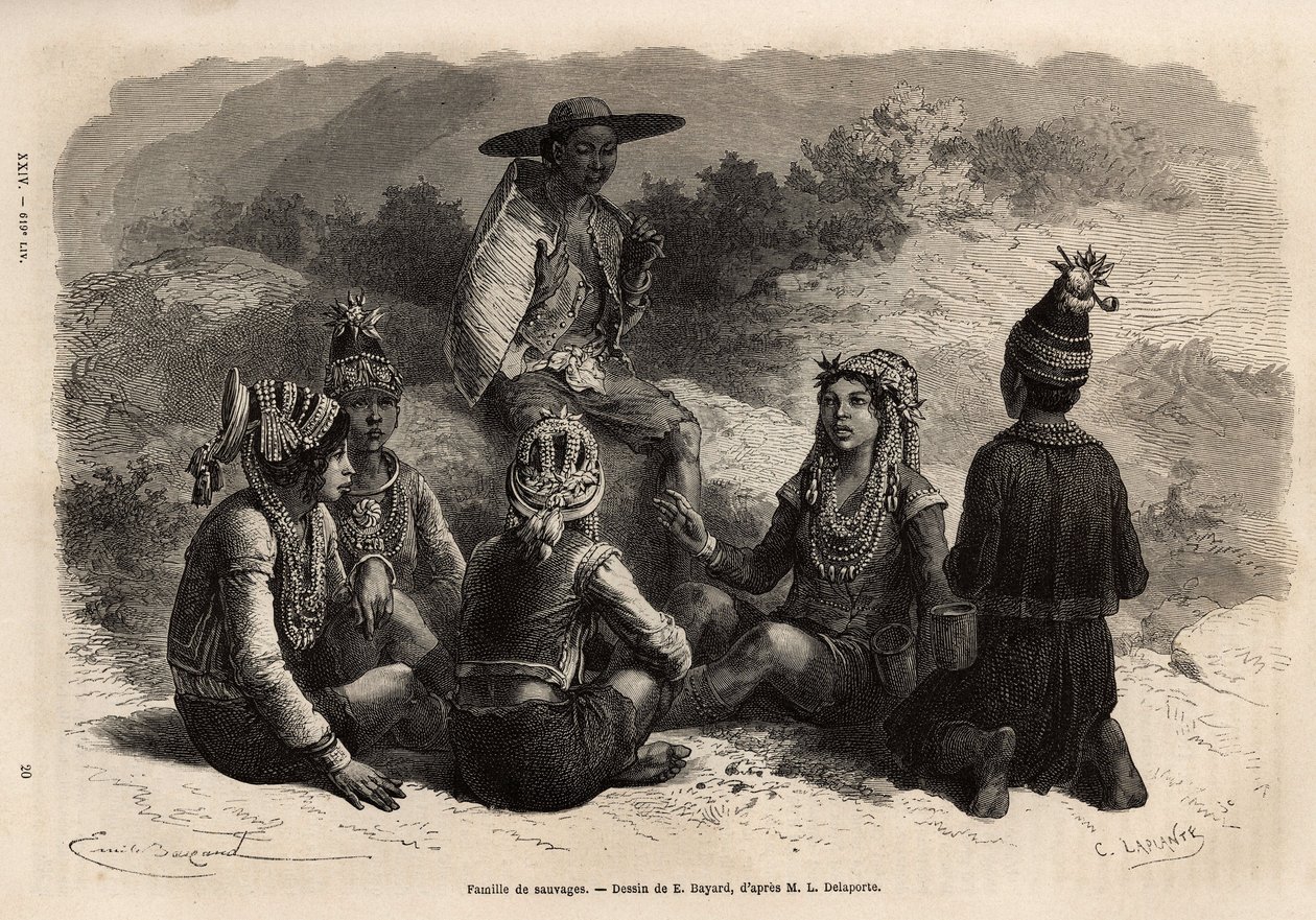 Den oprindelige befolkning i Xieng Hong (Laos), iført traditionelle dragter, over deres jakke, pryder en fløjlskriste med besætninger, med en nederdel eller korte bukser komplet med en lille kasket. Gravering til illustration af udforskningsrejsen i Indoki af Unknown artist