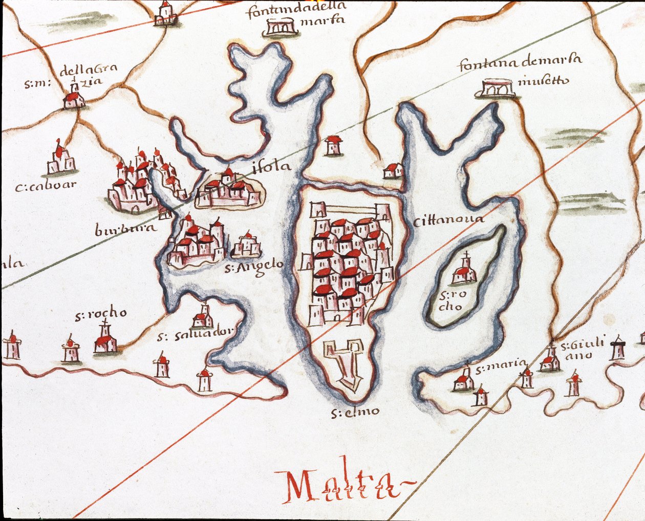 Øen Malta, med Fort St. Elmo (Detalje af Portulan de Castellini af Unknown artist