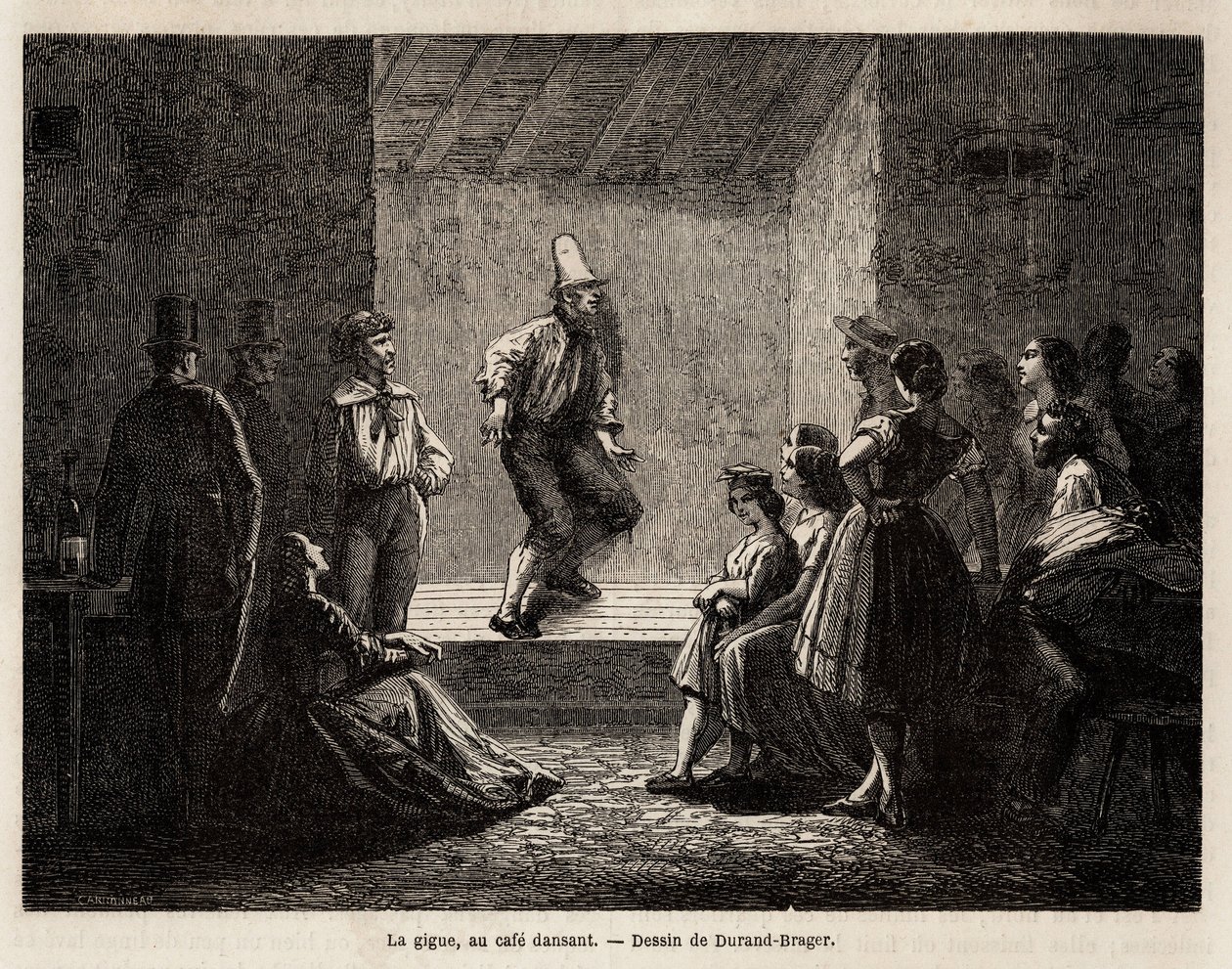 Rysten i en dansende cafe, tegning af Durand Brager, for at illustrere En udflugt til de fattige London-kvarterer i 1862, af L.Simonin. Indgravering i "" Le tour du monde"", redigeret af Edouard Charton af Unknown artist