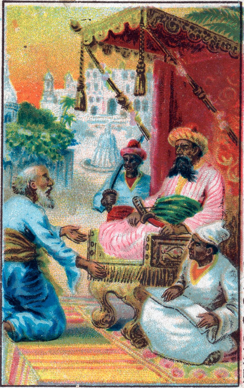 Kongen og indianeren. Fortælling "" Historien om den fortryllede hest"" i "De tusind og en nat" (de 1001 nætter eller Le mille e una notte, Arabian Nights). Kromolitografi i slutningen af ​​det 19. århundrede. af Unknown artist