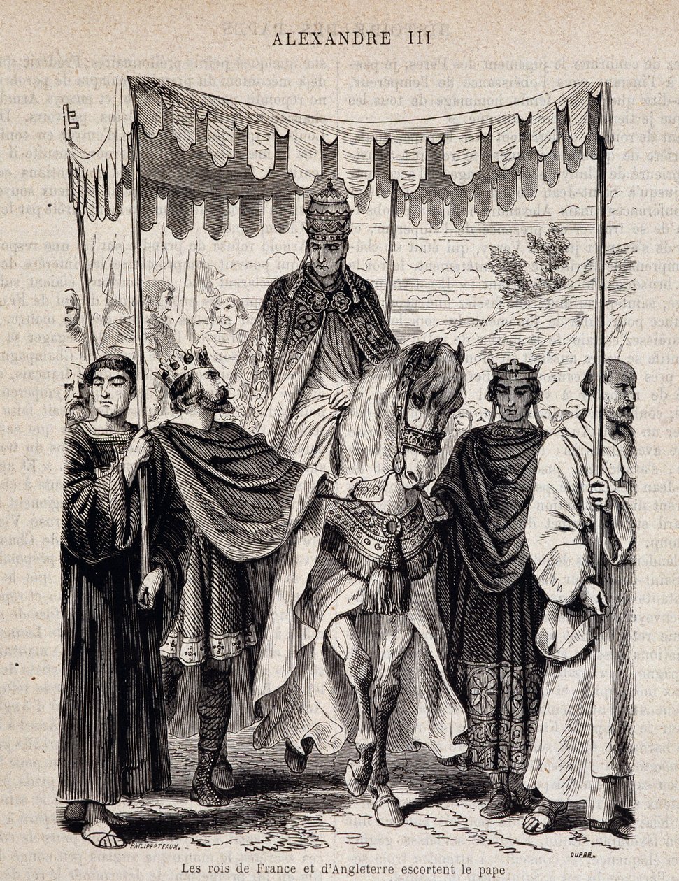 Kongerne af Frankrig Ludvig VII den Unge (1120 - 1180) og England eskorterer pave Alexander III - i "Histoire des popes"", n.d. af Unknown artist