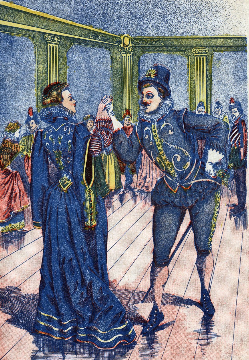 Kongens søn får Askepot til at danse. Illustration til "" Askepot", fortælling af Charles Perrault (1628-1703), fransk forfatter. Billedmateriale Marcel Vagne, Jarville Nancy, udateret (slutningen af det 19. århundrede). af Unknown artist