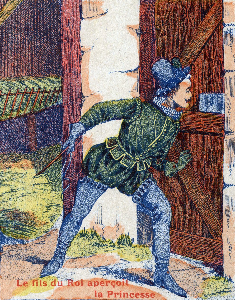 Kongens søn så prinsessen. Illustration til "" Æselskind""-fortælling af Charles Perrault (1628-1703), fransk forfatter. Billedmateriale Marcel Vagne, Jarville Nancy, udateret (slutningen af det 19. århundrede). af Unknown artist