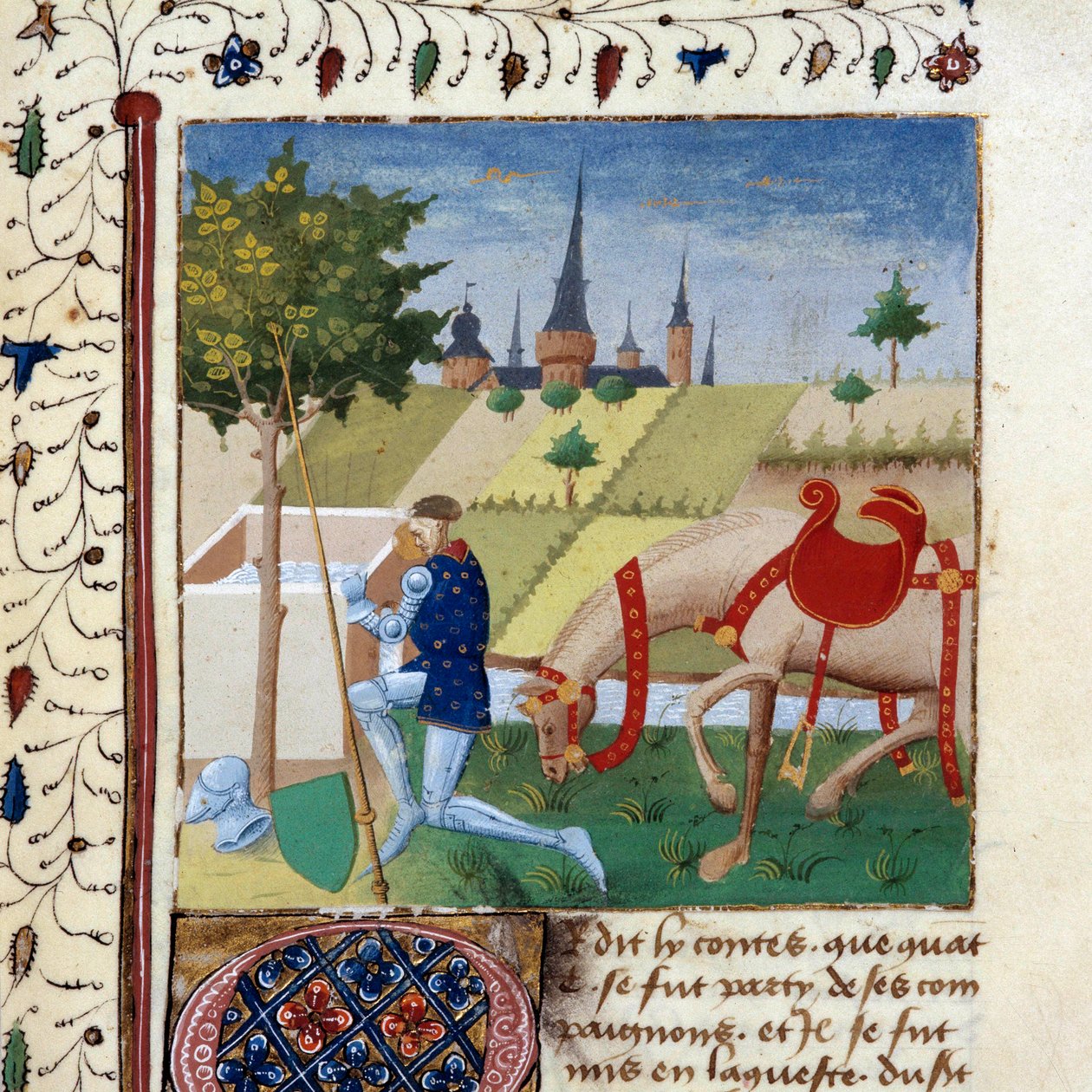Ridderen af det runde bord Gauvain (eller Gawain), nevø af kong Arthur nær et springvand. Miniature fra manuskriptet "The novel of the Quete of the Grail"" 1450-1460 Dijon, Kommunalbibliotek af Unknown artist