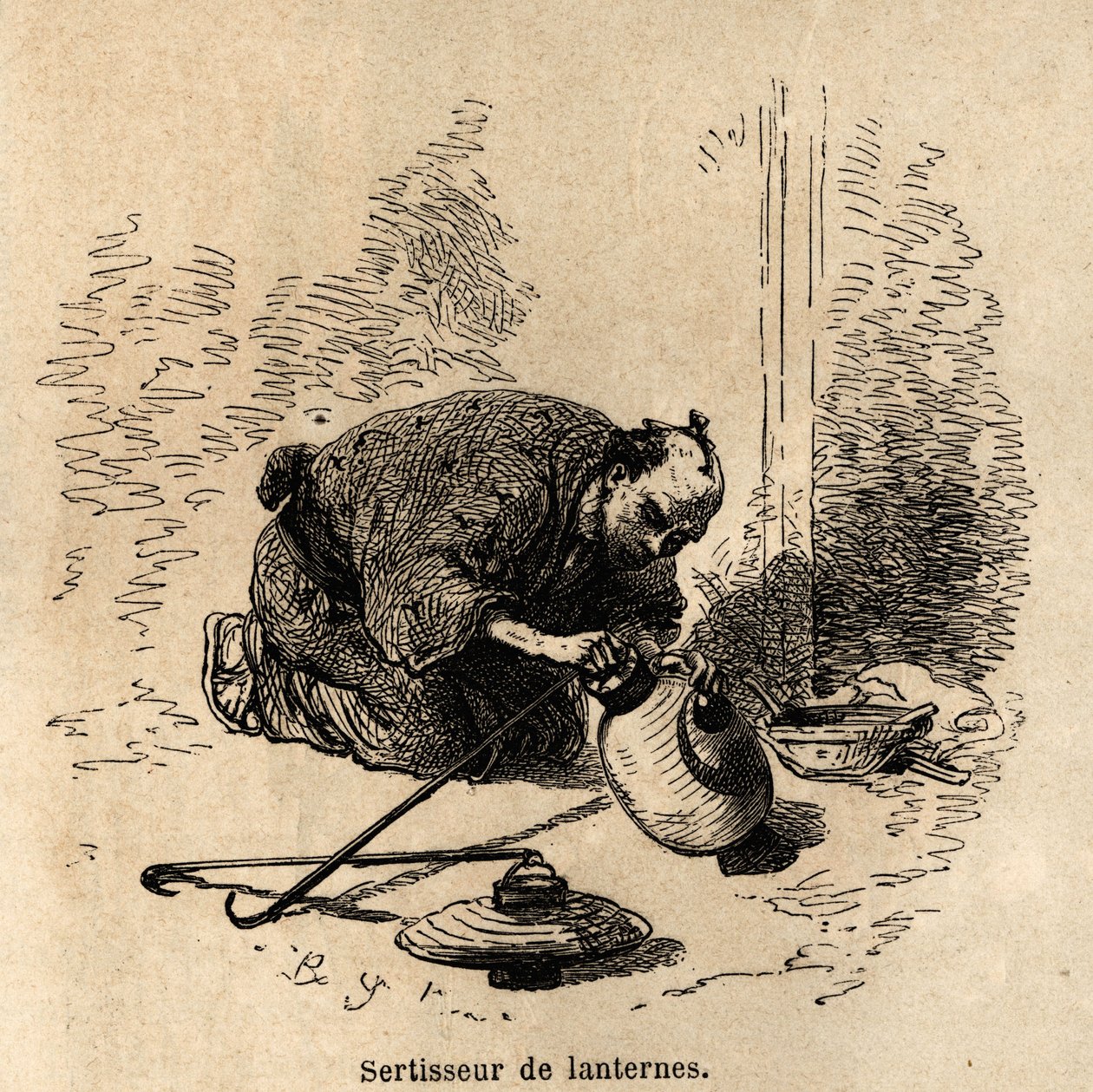 Lanternepresseren, uden andet instrument end en klemme, tilpasser sig papirlanternernes ramme af bøjler og trådkroge. Gravering til illustration af rejsen til Japan af Aime Humbert, minister for Det Schweiziske Forbund, i 1863-1864, udgivet i af Unknown artist